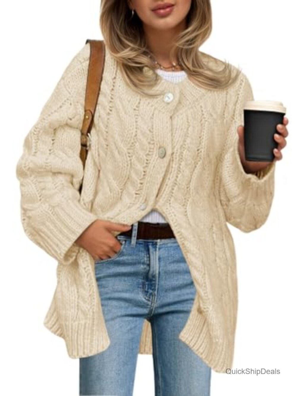 Womens Cable Knit Cardigan Chunky Button Up Long Sleeve Crew Neck Sweater